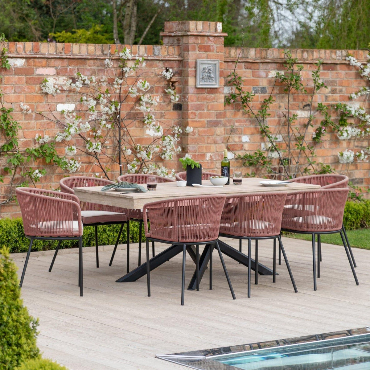 Amelia 8 Seater Wooden Garden Dining Set with 8 Hali Pink Chairs - Light Brushed Acacia with Black Legs