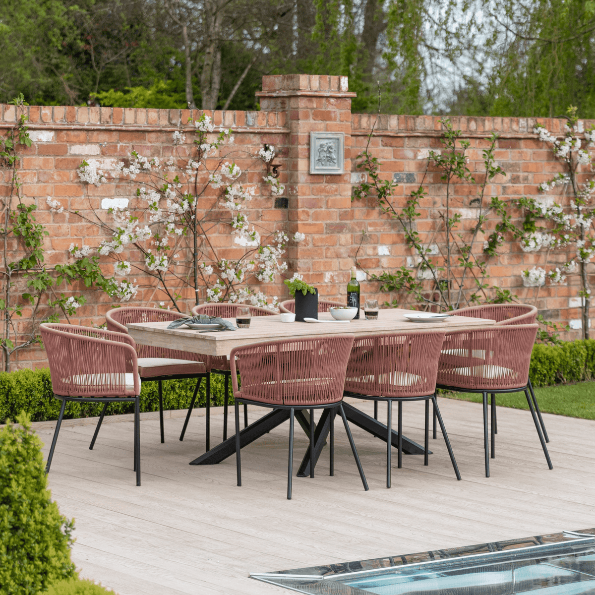 Amelia 8 Seater Wooden Garden Dining Set with 8 Hali Pink Chairs - Light Brushed Acacia with Black Legs
