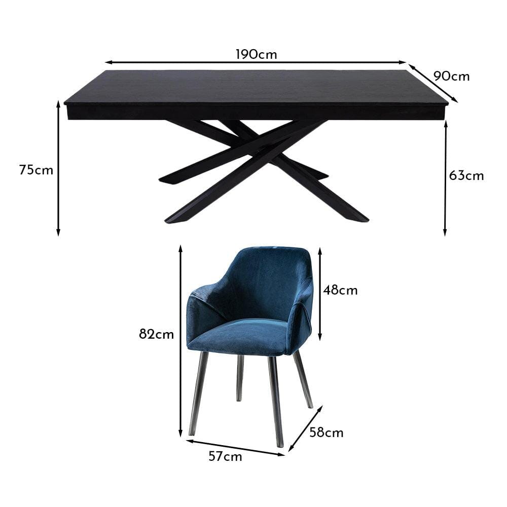 Amelia Black Dining Table Set - 6 Seater - Freya Blue Carver Chairs - Black Legs