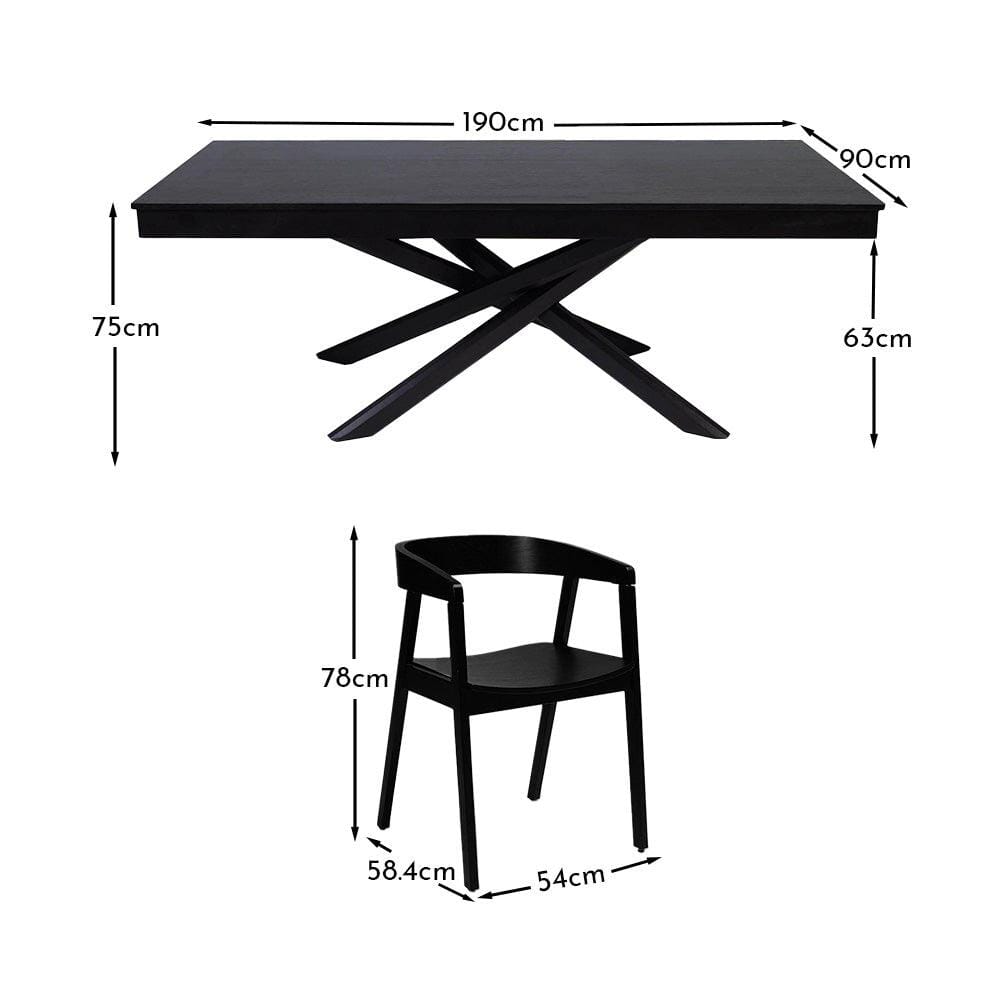 Amelia Black Dining Table Set - 6 Seater - Ella Black Wooden Chairs