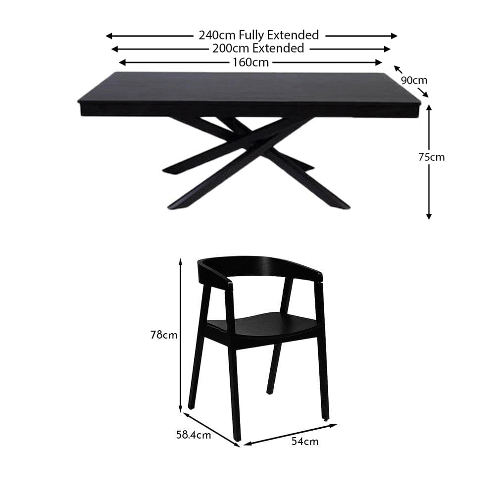 Amelia Black Extendable Dining Table Set - 6 Seater - Ella Black Armchairs