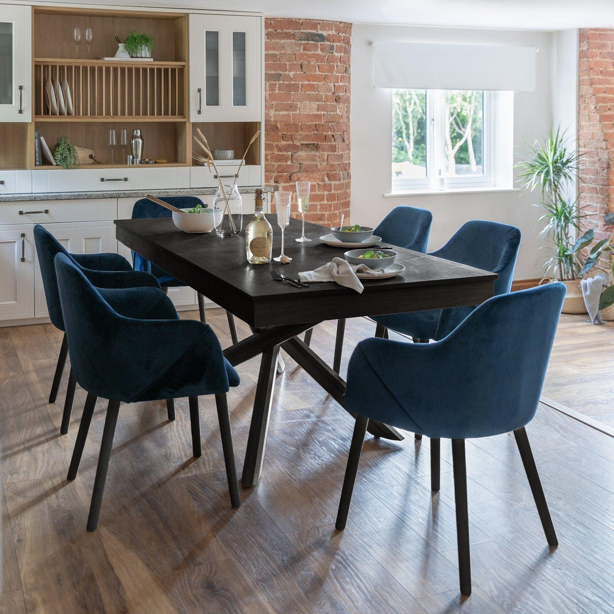 Amelia Black Extendable Dining Table Set - 6 Seater - Freya Blue Carver Chairs - Black Legs