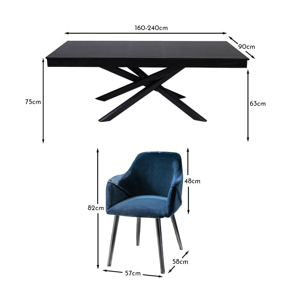Amelia Black Extendable Dining Table Set - 6 Seater - Freya Blue Carver Chairs - Black Legs