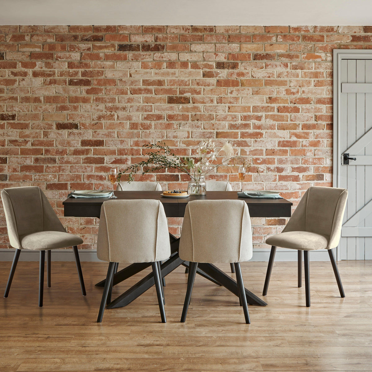 Amelia Black Extendable Dining Table Set - 6 Seater - Freya Sand Dining Chairs - Black Legs