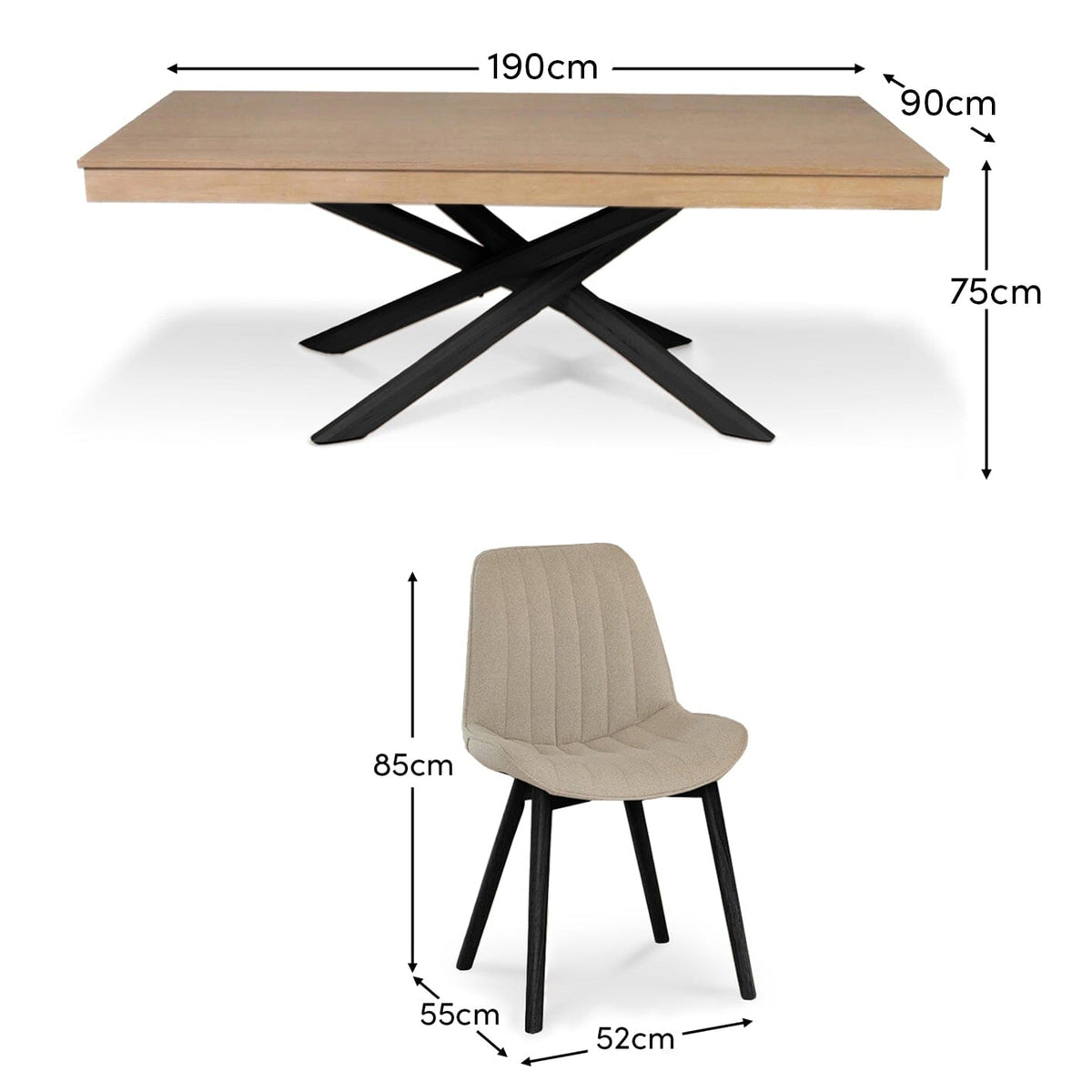 Amelia Whitewash Dining Table Set - 6 Seater - Bella Light Beige Boucle Dining Chairs - Black Legs