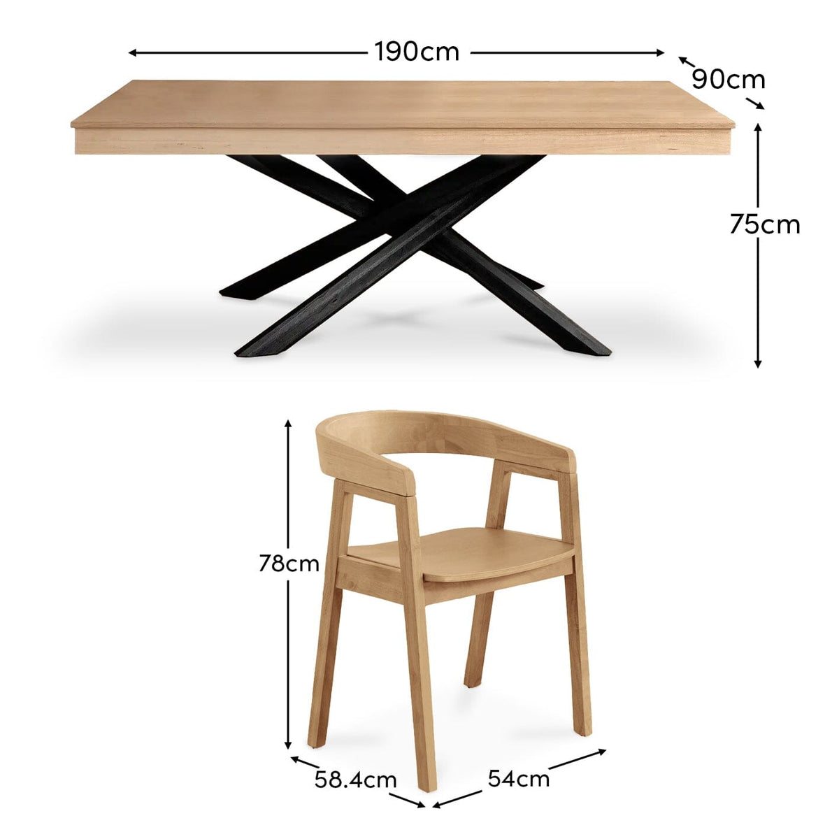 Amelia Pale Oak Dining Table Set with Black Legs - 6 Seater - Pale Oak Armchairs