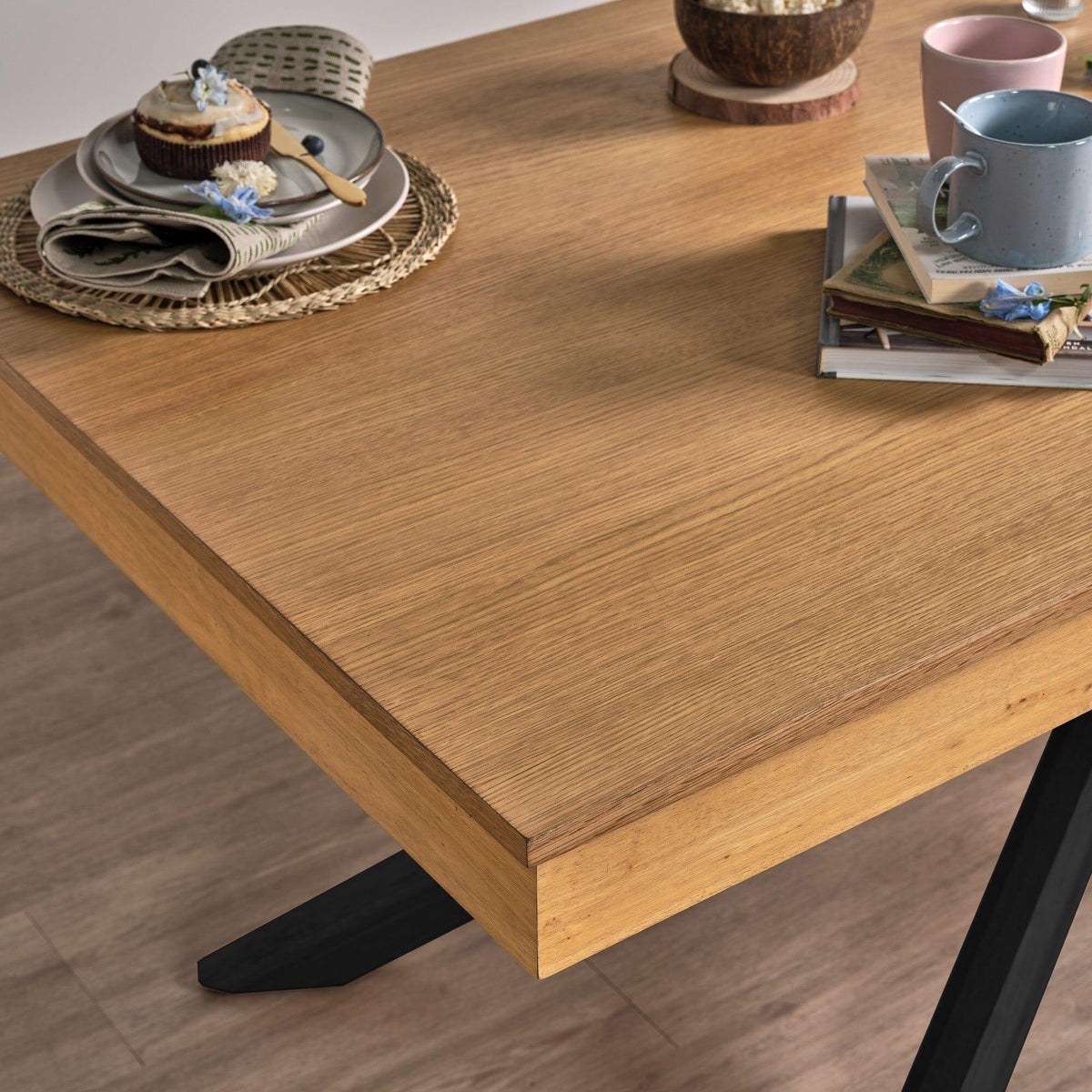 Amelia Oak Wood Dining Table - Non Extendable - Black Legs