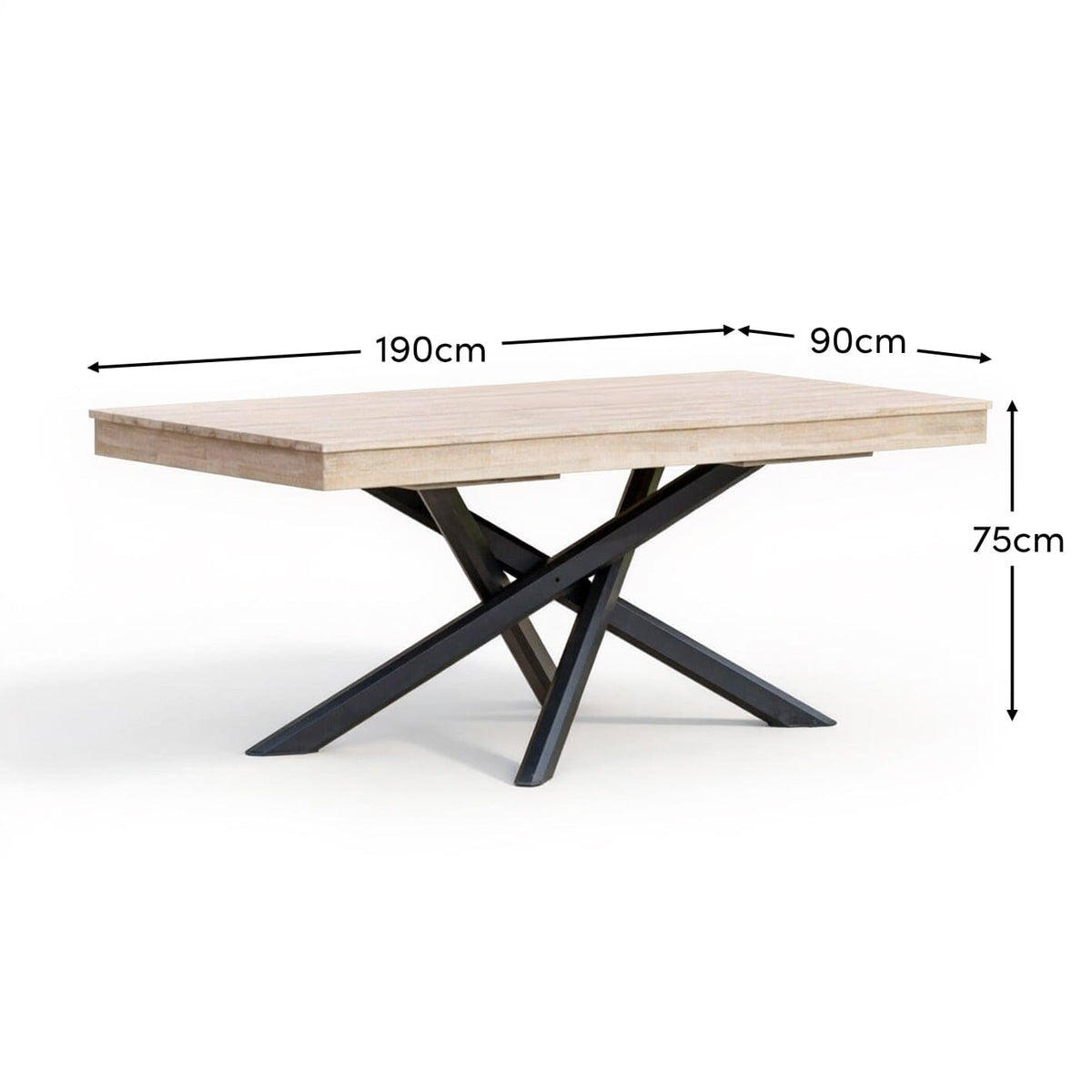 Amelia Outdoor Dining Table in Light Brushed Acacia Wood with Black Metal Legs