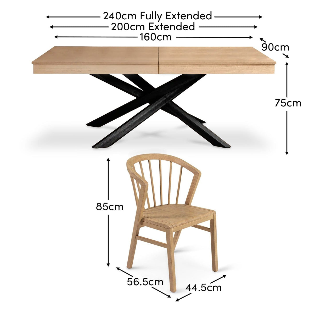 Amelia Pale Oak Extendable Dining Table Set with Black Legs - 6 Seater - Pale Oak Spindle Back Chairs