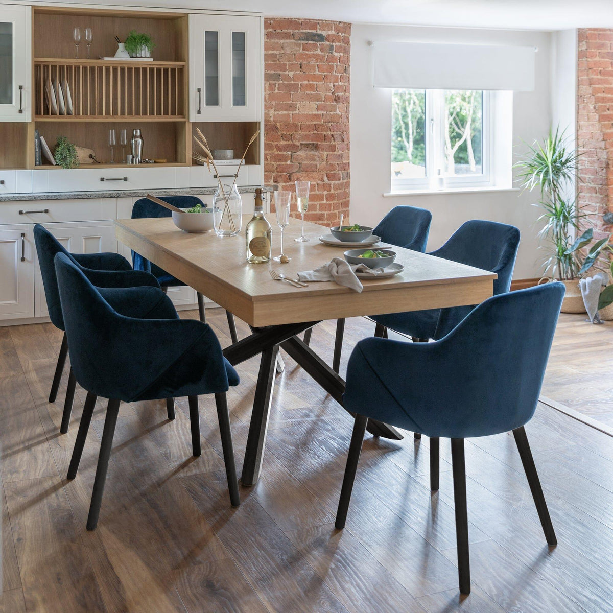 Amelia Whitewash Dining Table Set - 6 Seater - Freya Blue Carver Chairs - Black Legs