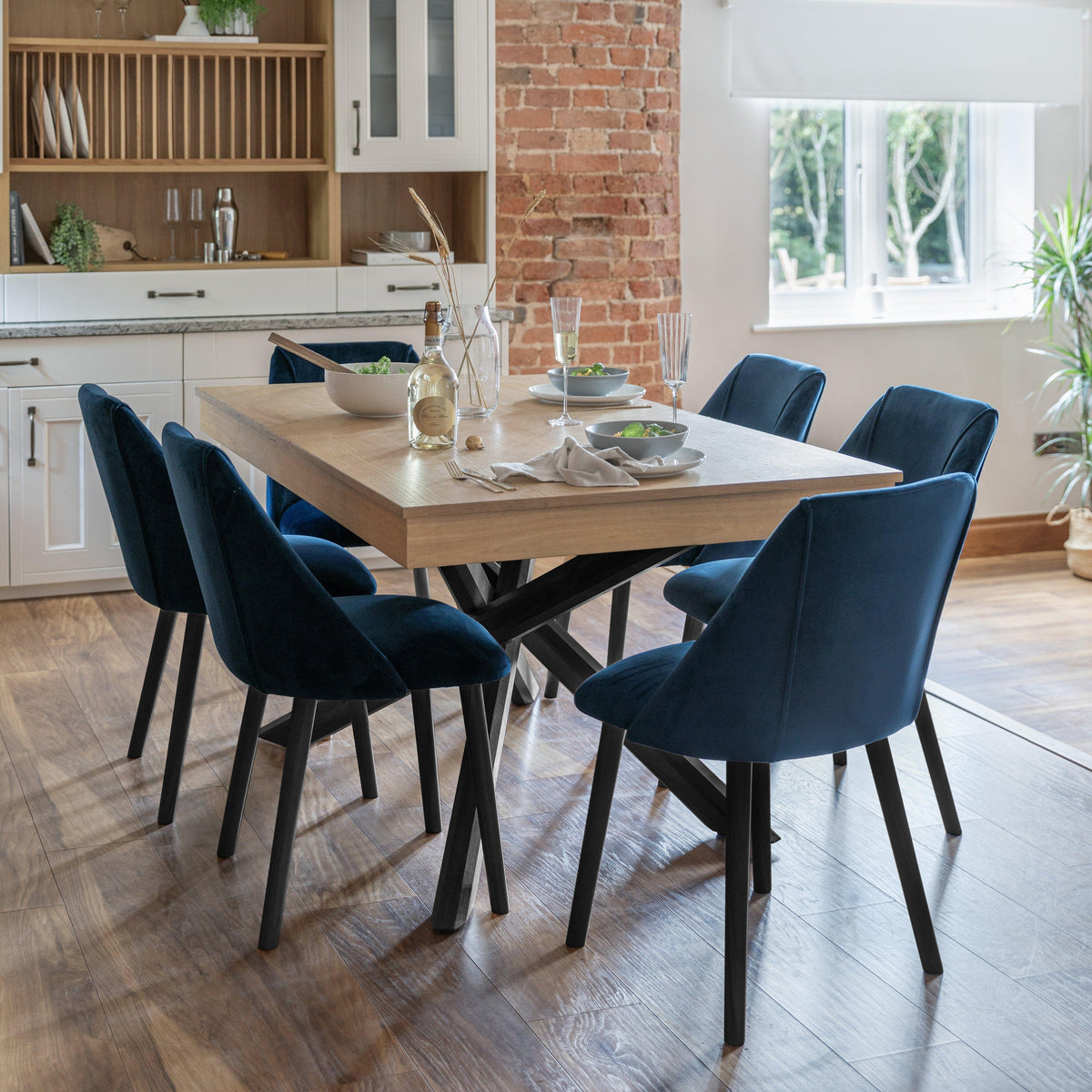 Amelia Whitewash Dining Table Set - 6 Seater - Freya Blue Dining Chairs - Black Legs