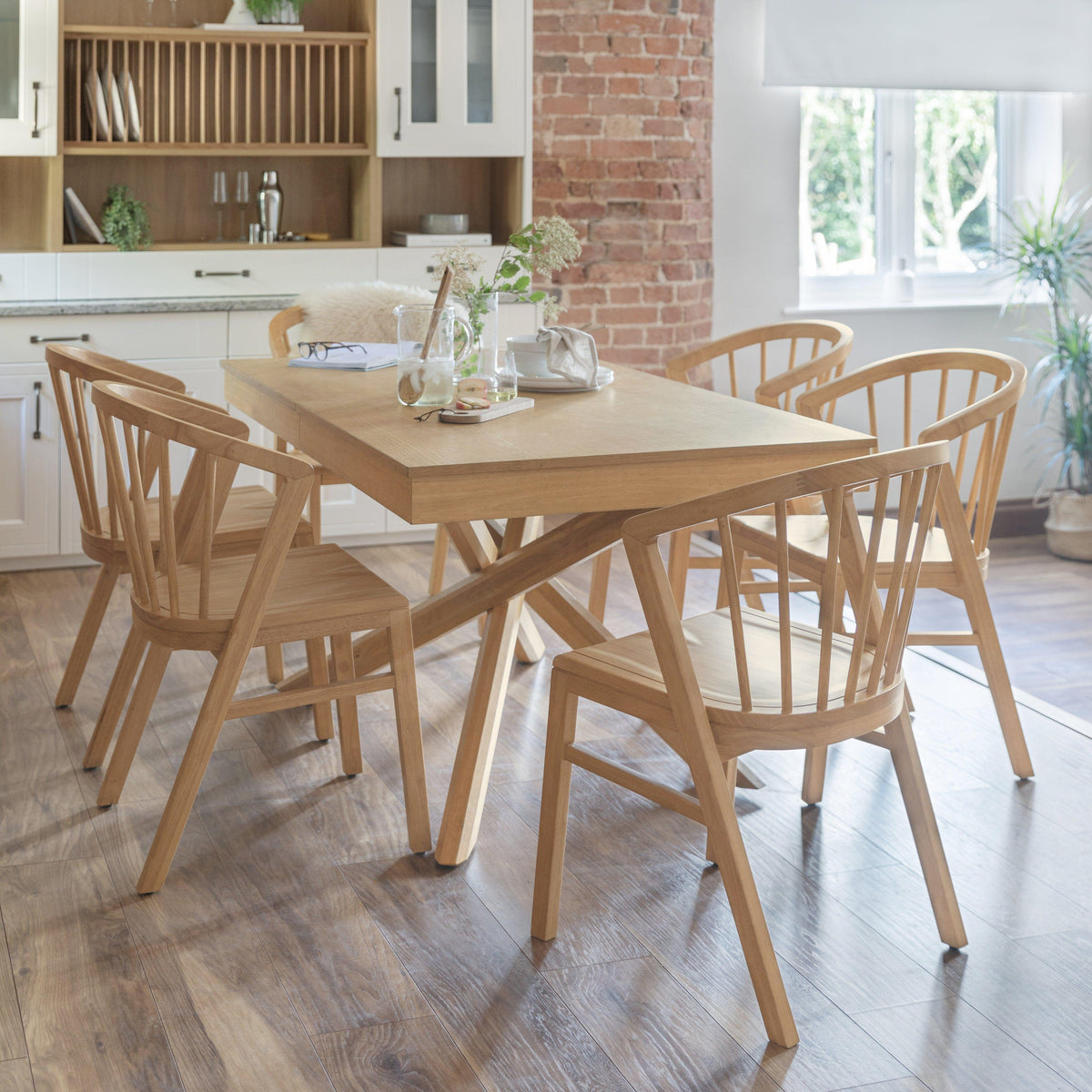 Amelia Pale Oak Extendable Dining Table Set - 6 Seater - Pale Oak Spindle Back Chairs