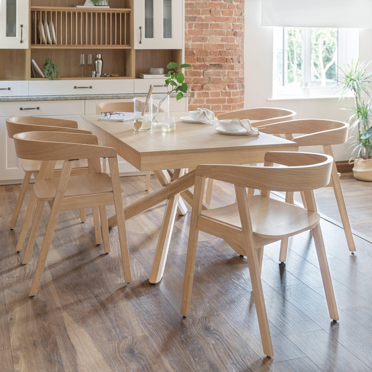 Amelia Whitewash Dining Table Set - 6 Seater - Ella Pale Oak Armchairs