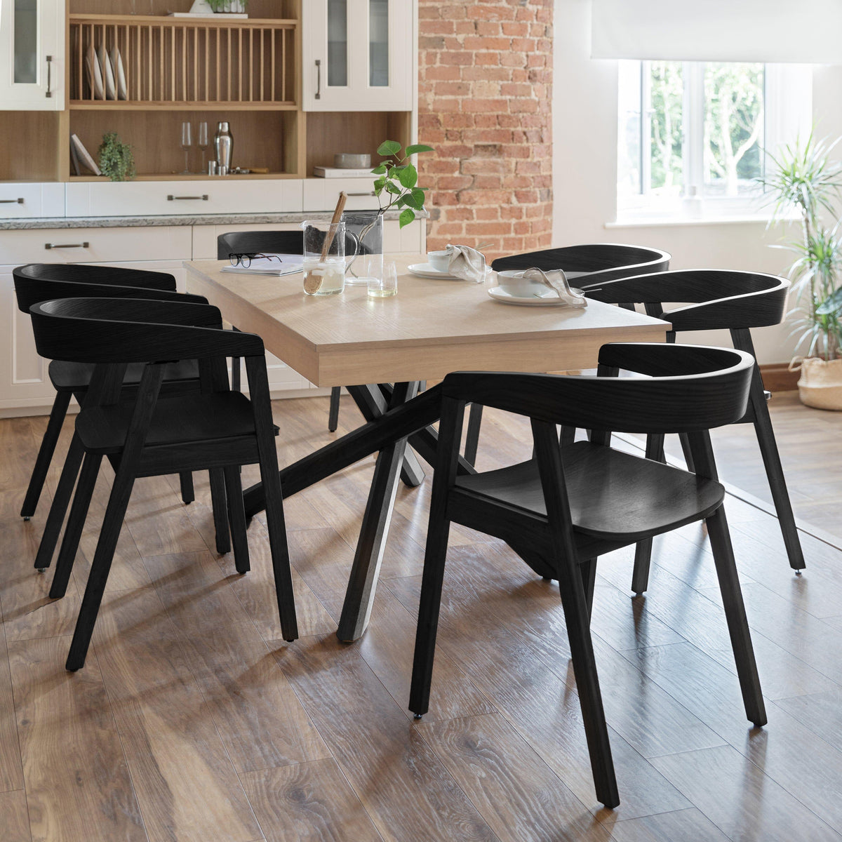 Amelia Whitewash Extendable Dining Table Set - 6 Seater - Ella Black Armchairs