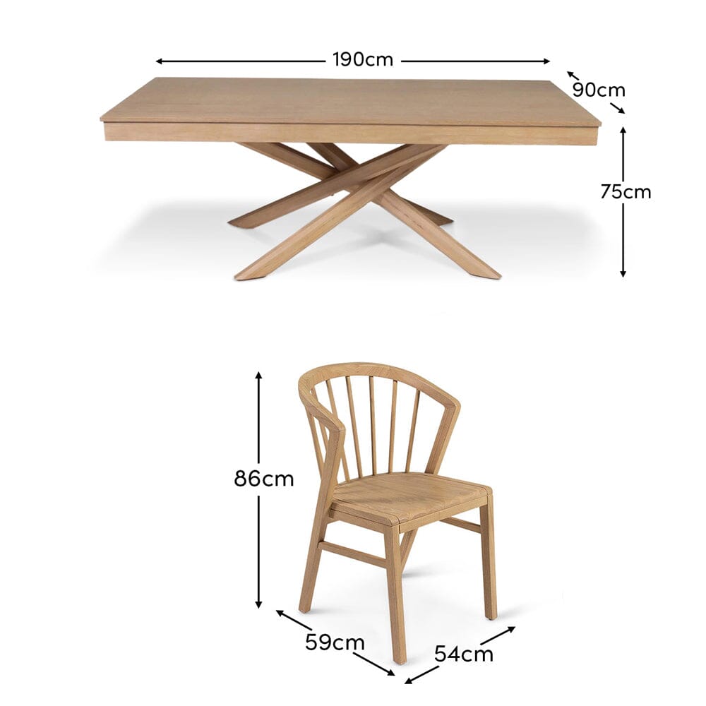 Amelia Whitewash Dining Table Set - 6 Seater - Mabel Pale Oak Spindle Back Chairs