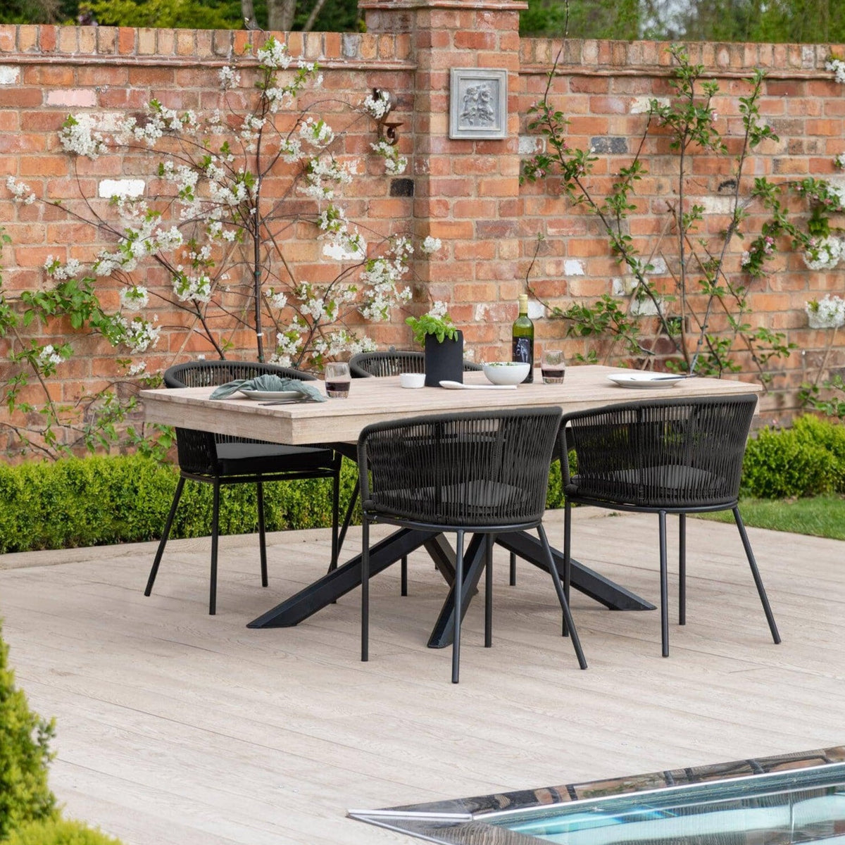 Amelia 4 Seater Wooden Garden Dining Set with 4 Hali Black Chairs - Light Brushed Acacia with Black Legs