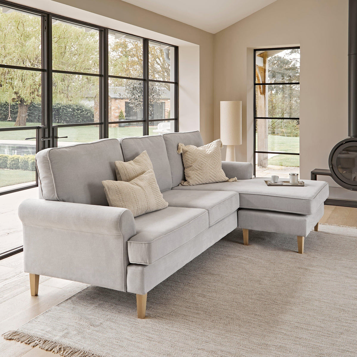 Annabelle Chaise Corner Sofa - Cloud Grey with Pale Oak Legs