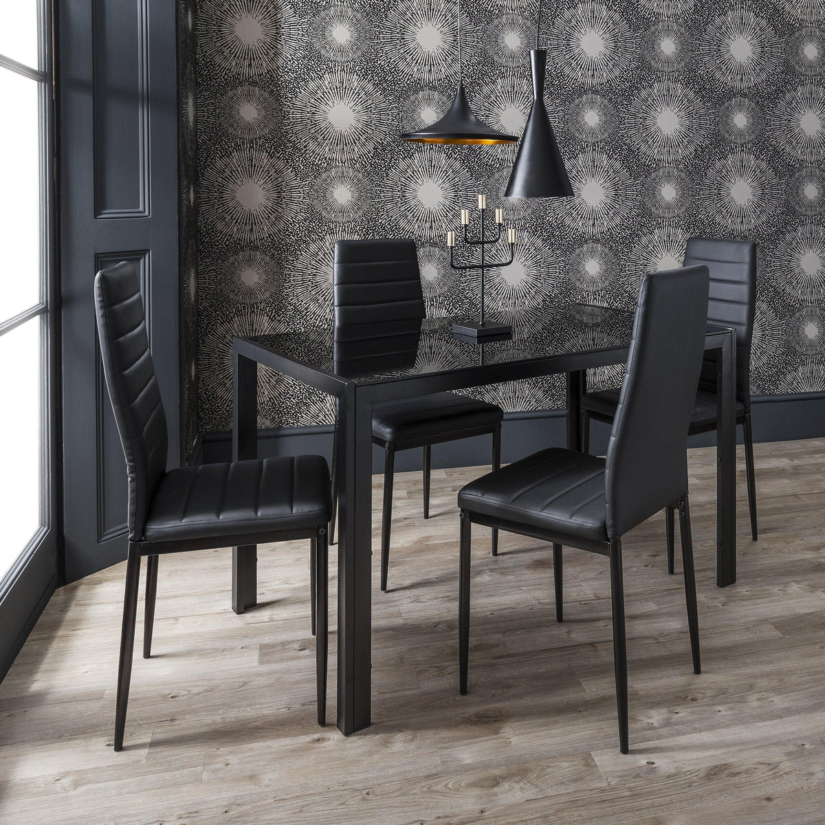 Anya Glass Dining Table Set - 4 Seater - Black Faux Leather Dining Chairs
