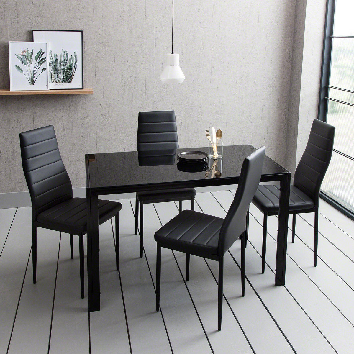 Anya Glass Dining Table Set - 4 Seater - Black Faux Leather Dining Chairs