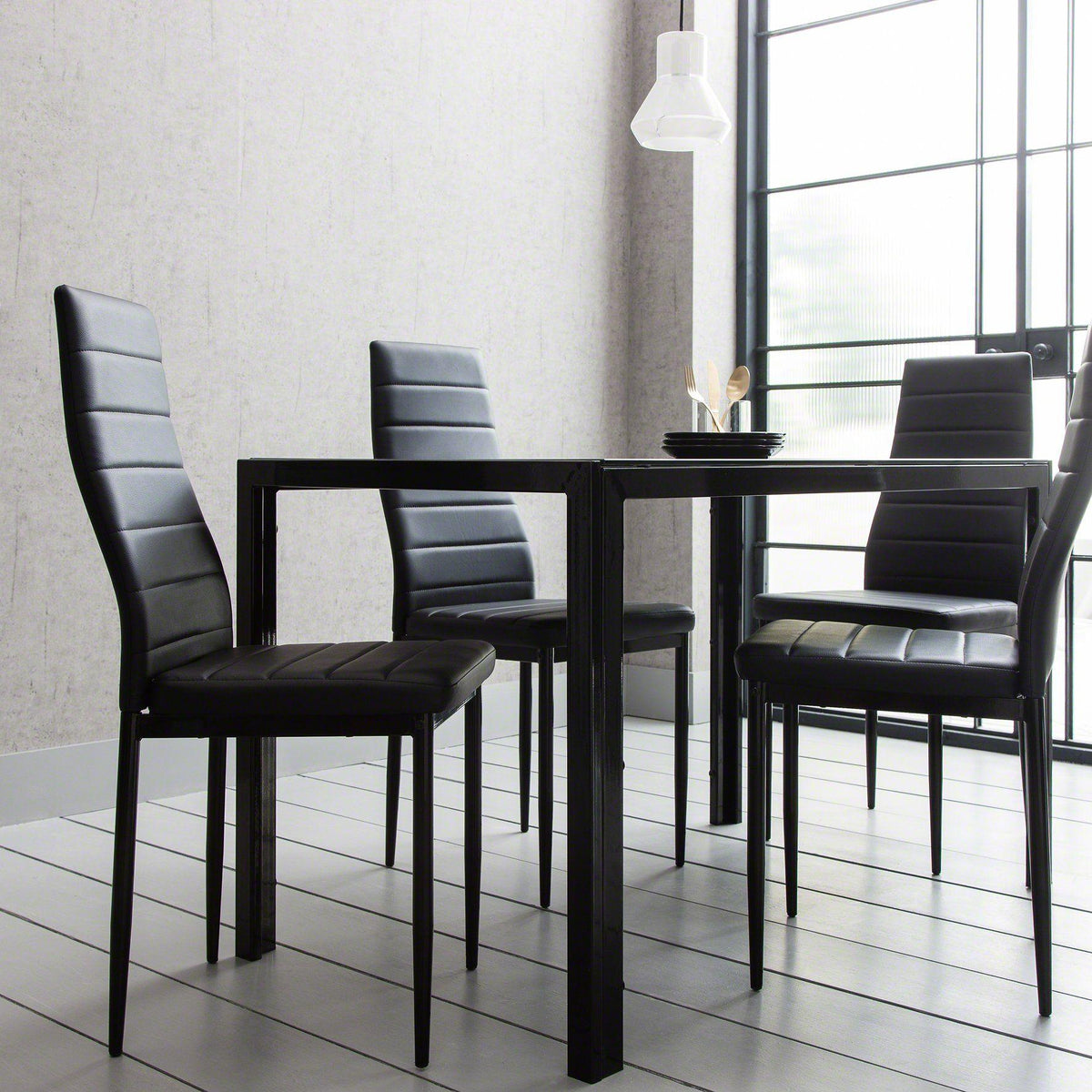 Anya Glass Dining Table Set - 4 Seater - Black Faux Leather Dining Chairs
