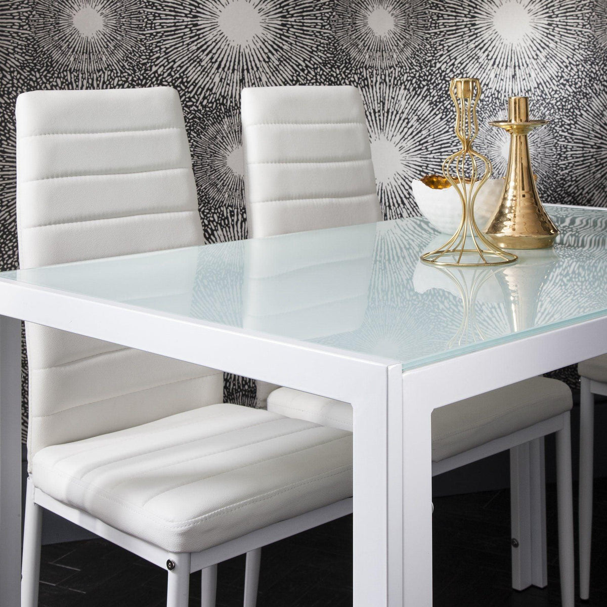 Anya Glass Dining Table Set - 4 Seater - White Faux Leather Dining Chairs