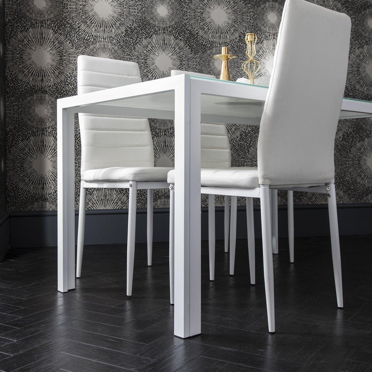 Anya Glass Dining Table Set - 4 Seater - White Faux Leather Dining Chairs