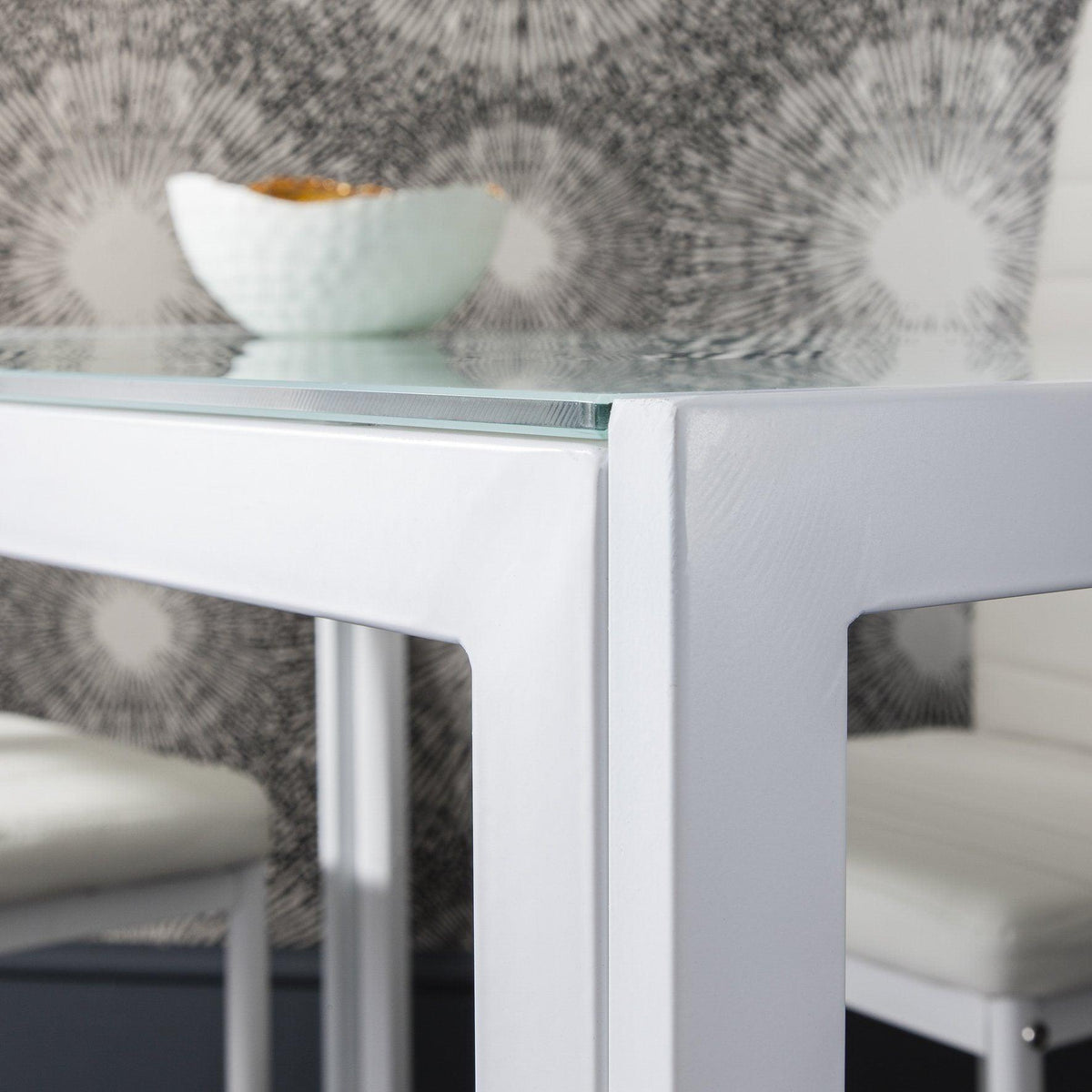 Anya Glass Dining Table Set - 4 Seater - White Faux Leather Dining Chairs