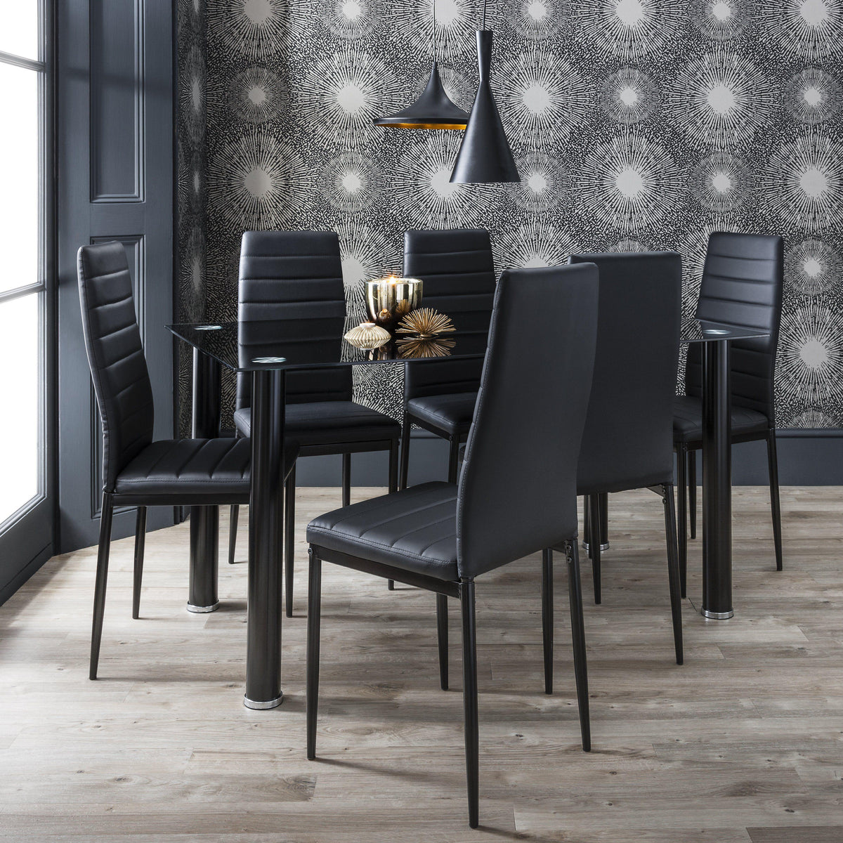 Anya Glass Dining Table Set - 6 Seater - Anya Black Faux Leather Dining Chairs
