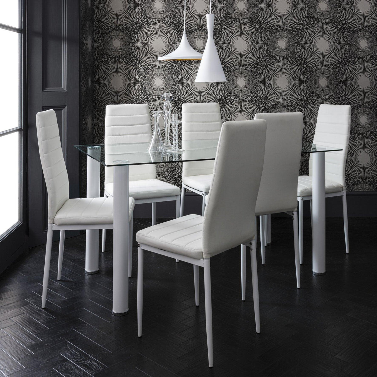 Anya Glass Dining Table Set - 6 Seater - White Faux Leather Dining Chairs