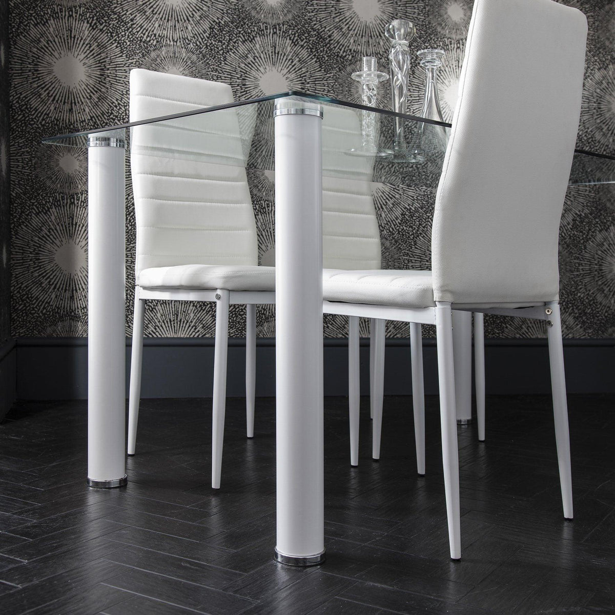 Anya Glass Dining Table Set - 6 Seater - White Faux Leather Dining Chairs