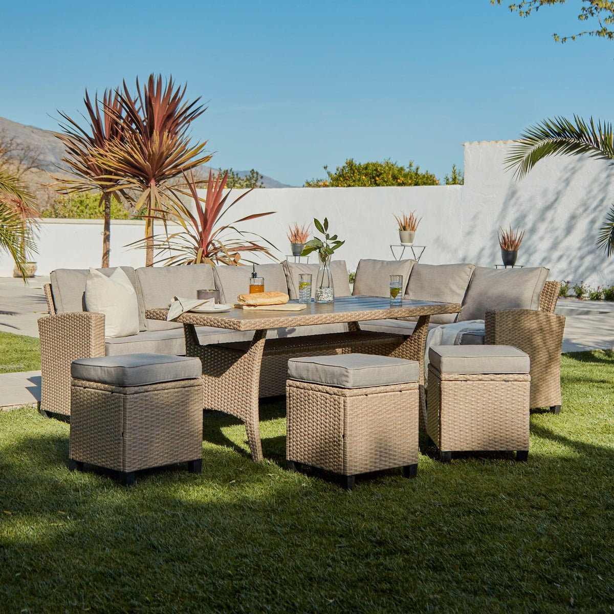 Aston 9 Seater Rattan Corner Sofa Set with Polywood Table Top - Natural Brown
