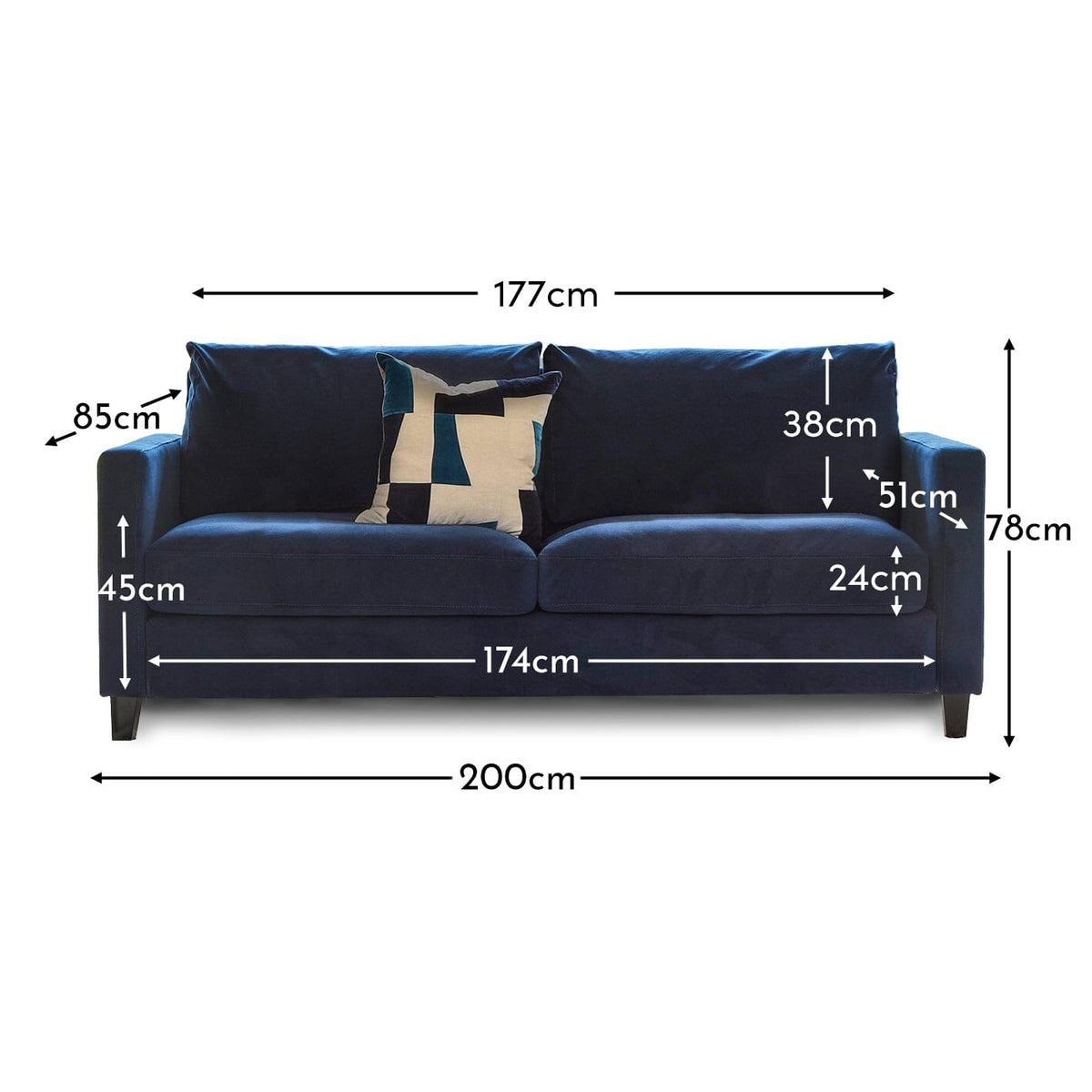 Ava 3 Seater Sofa - Ink with Black Oak Legs