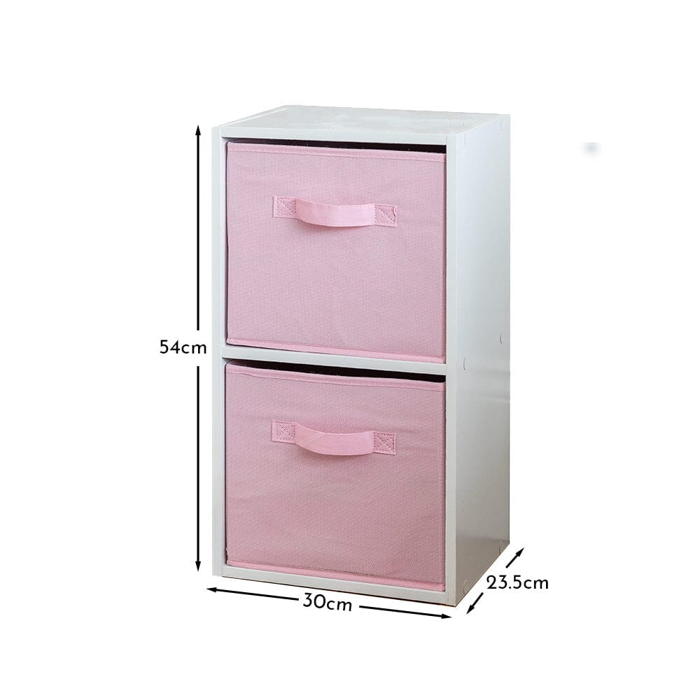 Cara 2 Tier Storage Unit / Chalk White Bookcase with Pink Boxes