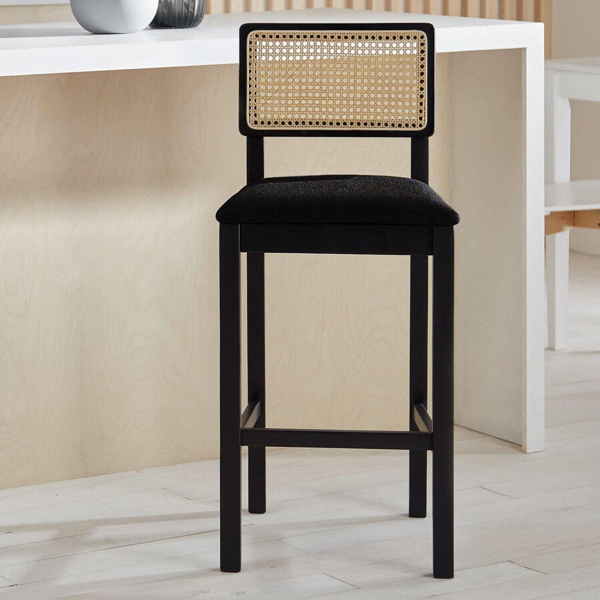 OUTLET - Charlie Black Cane Bar Stool - Wooden Footrest