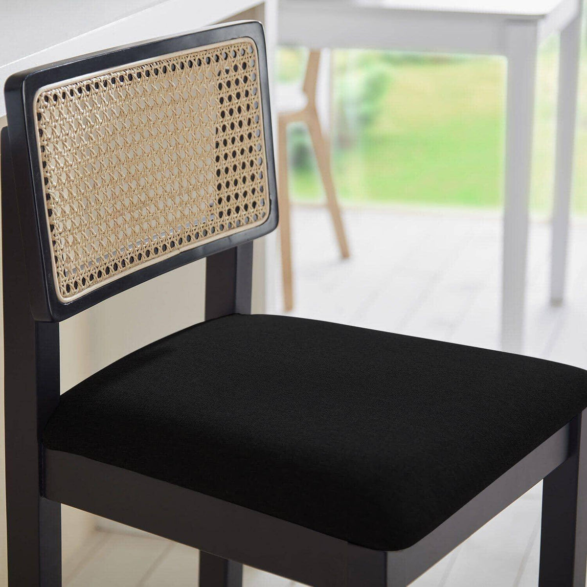 OUTLET - Charlie Black Cane Bar Stool - Wooden Footrest