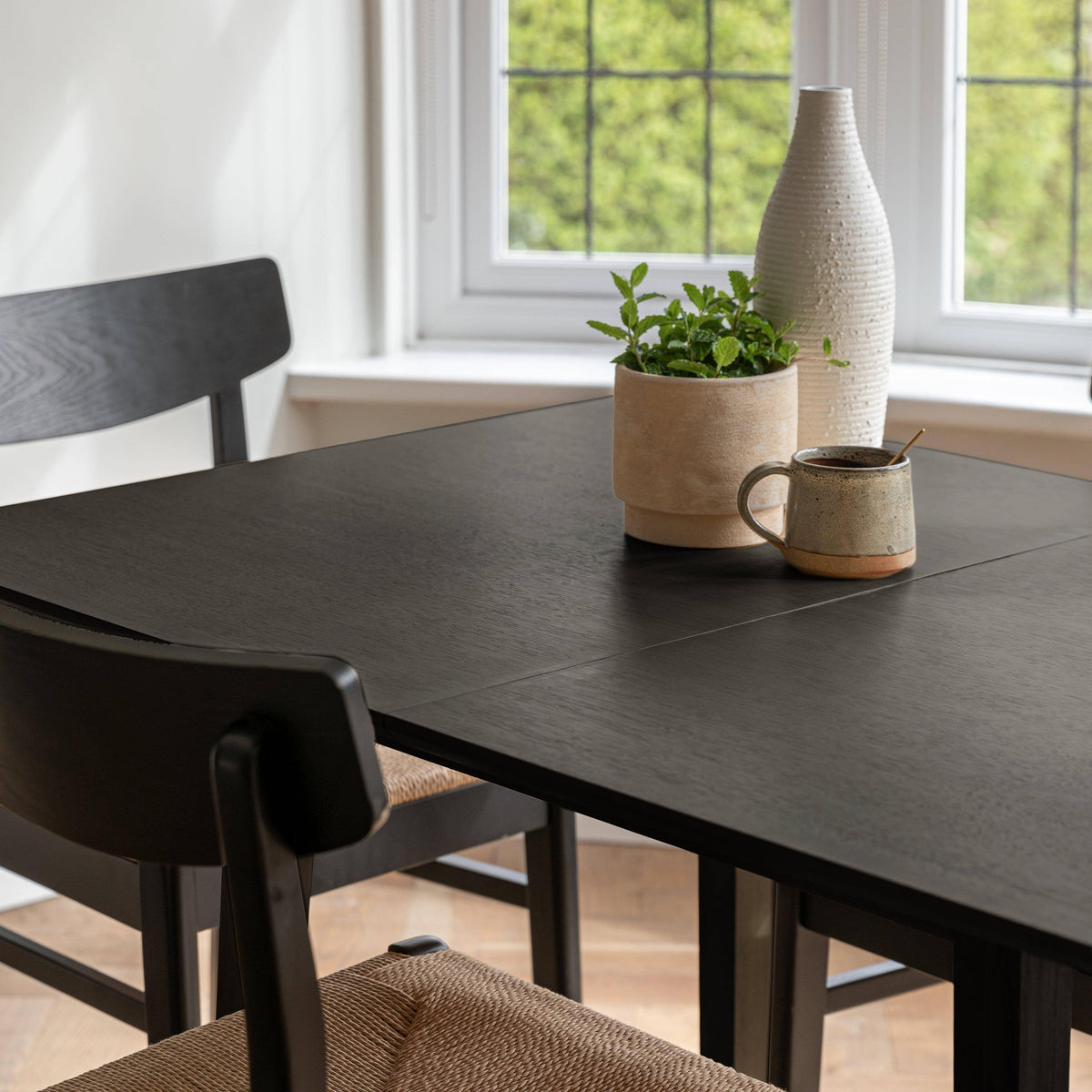 Charlie Black Oak Dining Table Set - Extendable - 4 Seater - Faye Black Woven Dining Chairs