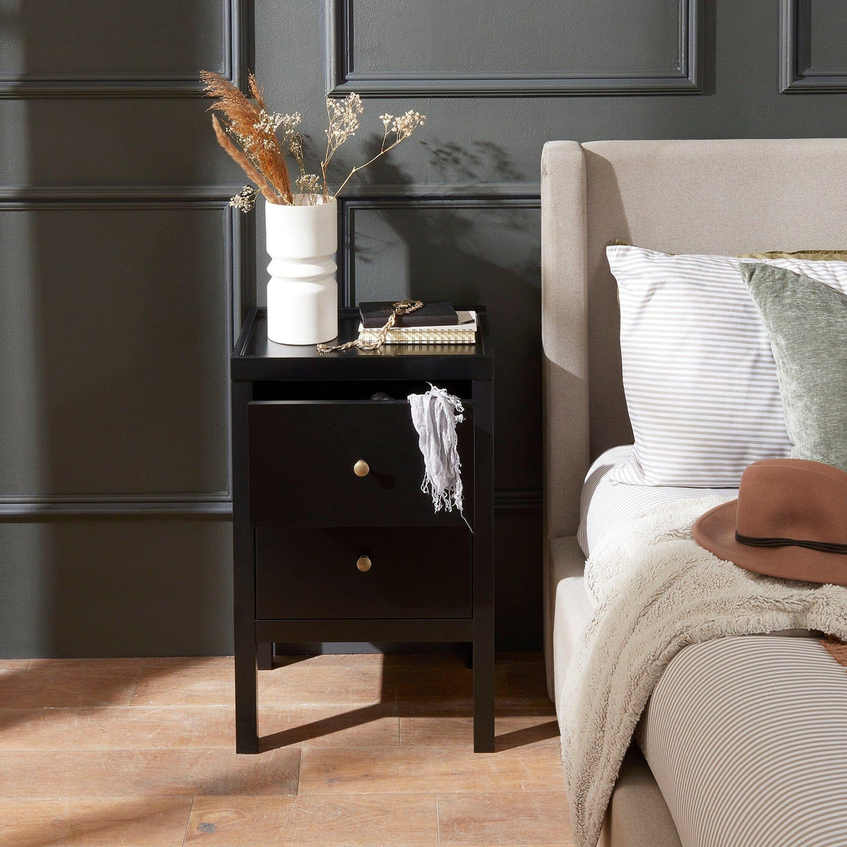 Charlie Two Drawer Bedside Table in Noir Black