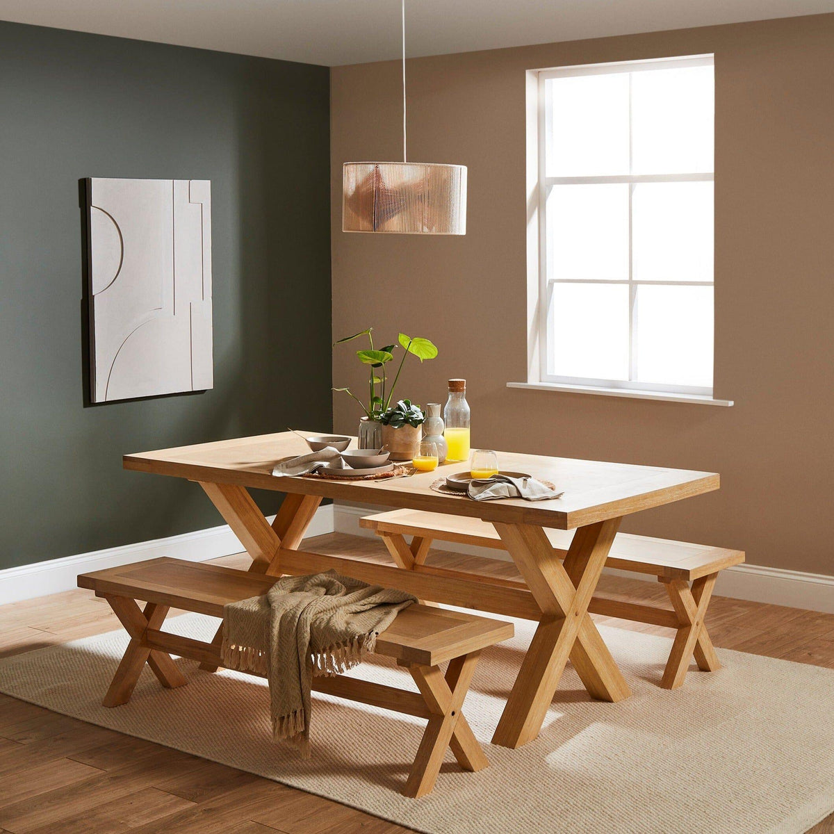 Charlotte 190cm Dining Table with 2 150cm Dining Benches - Whitewash Oak