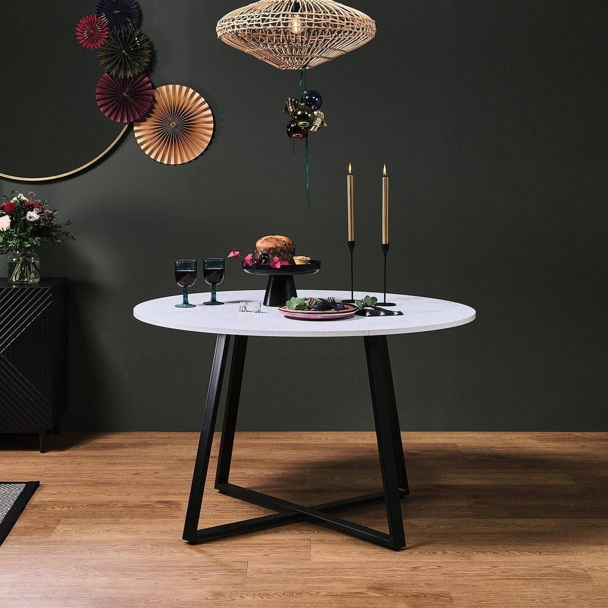 OUTLET - Clara Marble Effect Round Dining Table - Black Frame