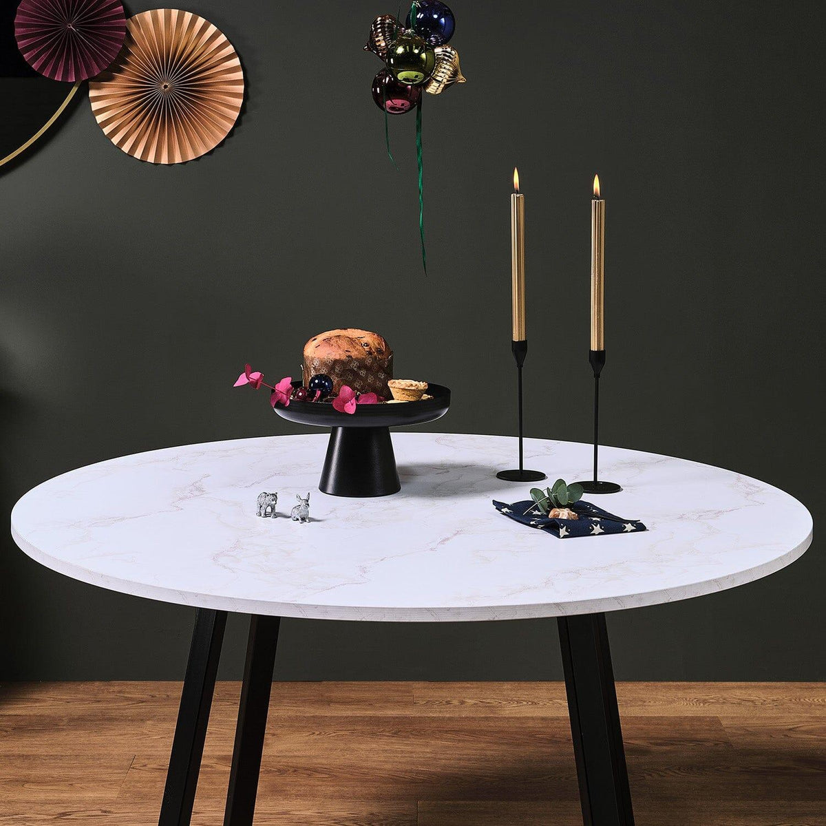 Clara Marble Effect Round Dining Table - Black Frame