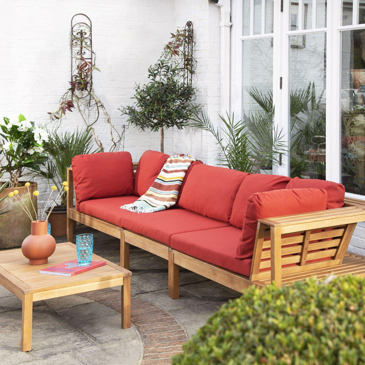 Dakota Wooden Garden Corner Sofa Set - Red Cushions