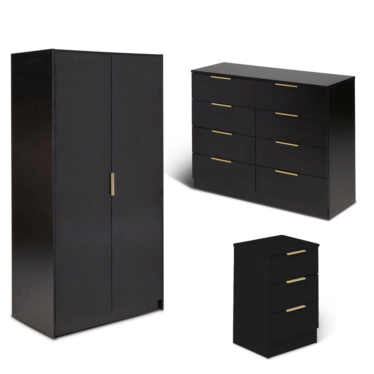 Essie 3 Piece Bedroom Set - 8 Chest of Drawers - Pitch Black