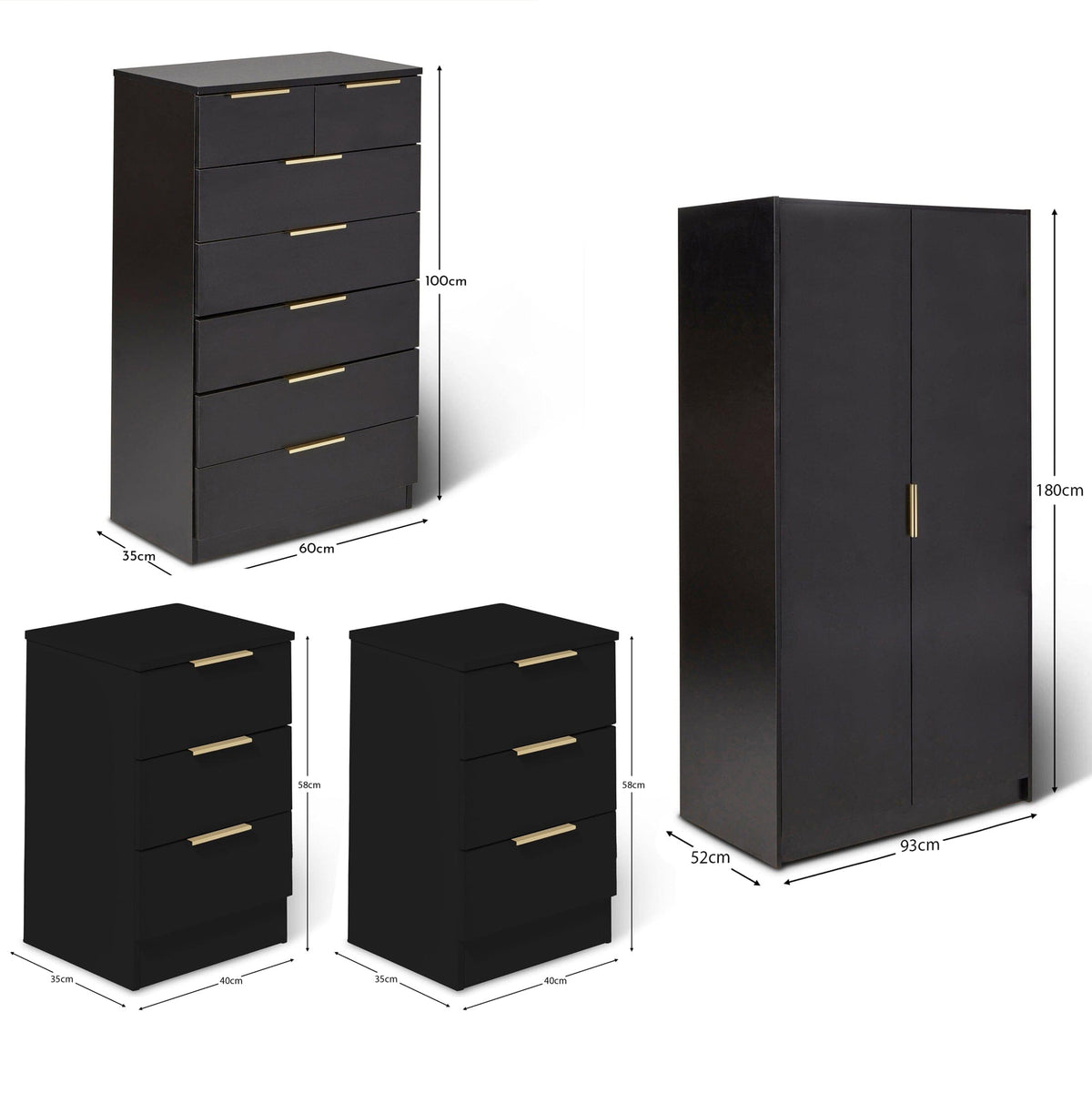 Essie 4 Piece Bedroom Set - 2 Over 5 Chest of Drawers - Pitch Black