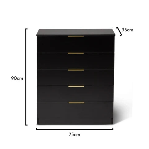 OUTLET - Essie 5 Drawer Tall Chest of Drawers - Black