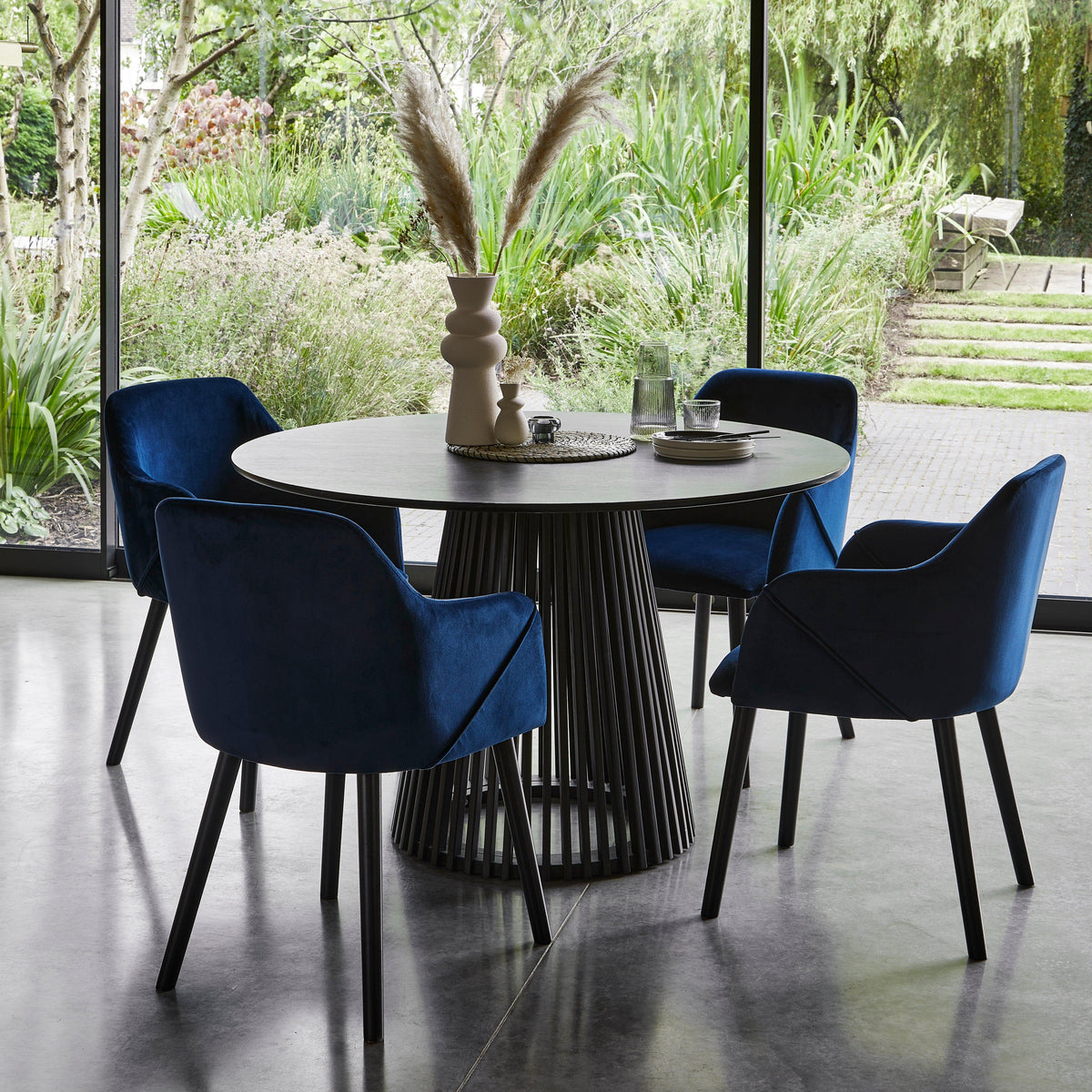 OUTLET - Freya Blue Velvet Armchairs - Set of 2 - Black Oak Legs
