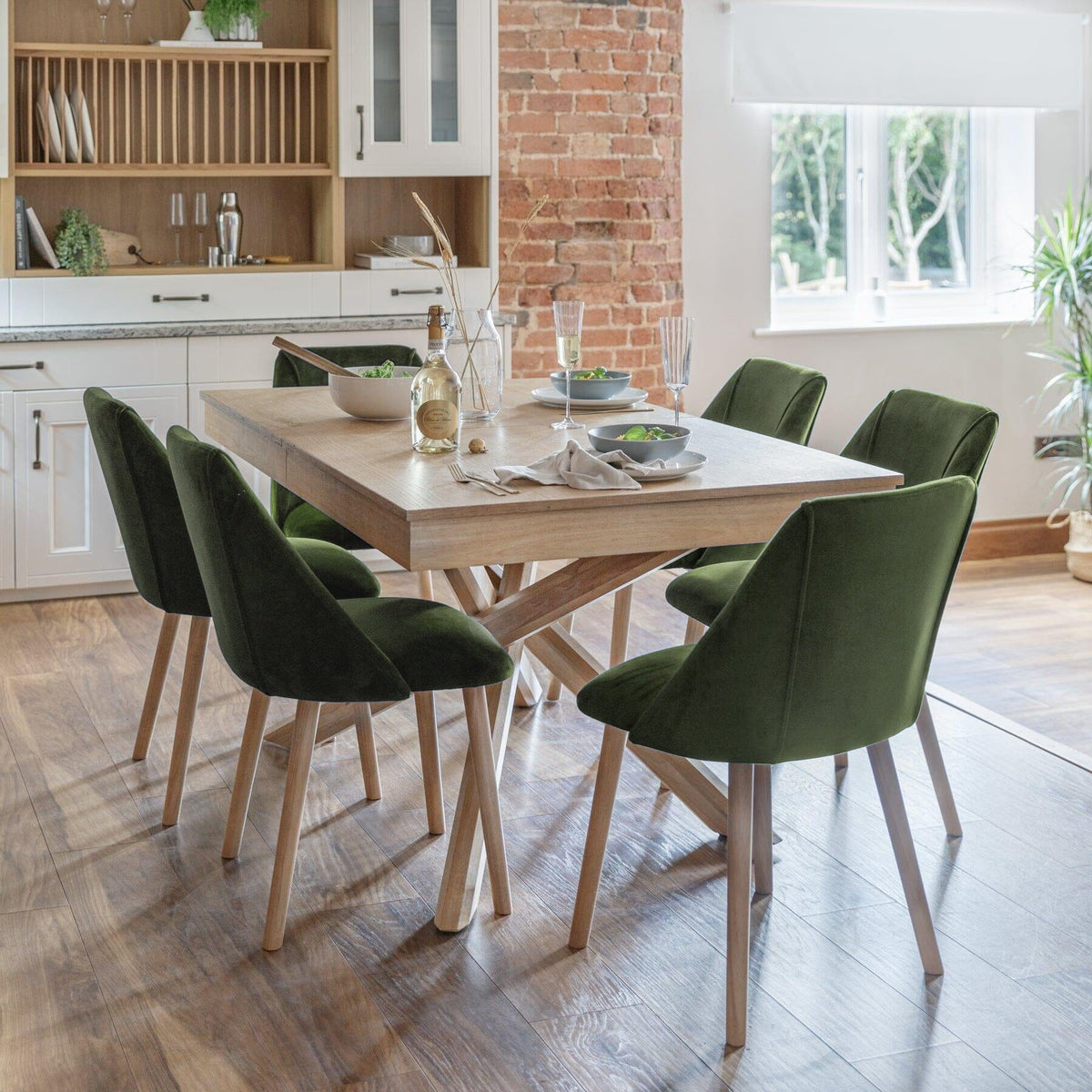 OUTLET - Freya Fern Green Dining Chairs - Set of 2 - Whitewash Oak Legs