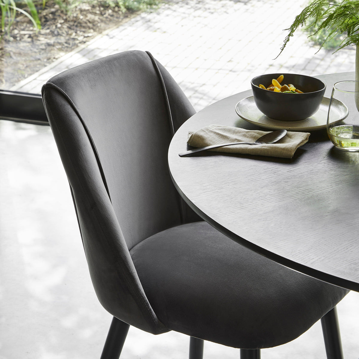 Freya Grey Velvet Dining Chairs - Set of 2 - Black Oak Legs