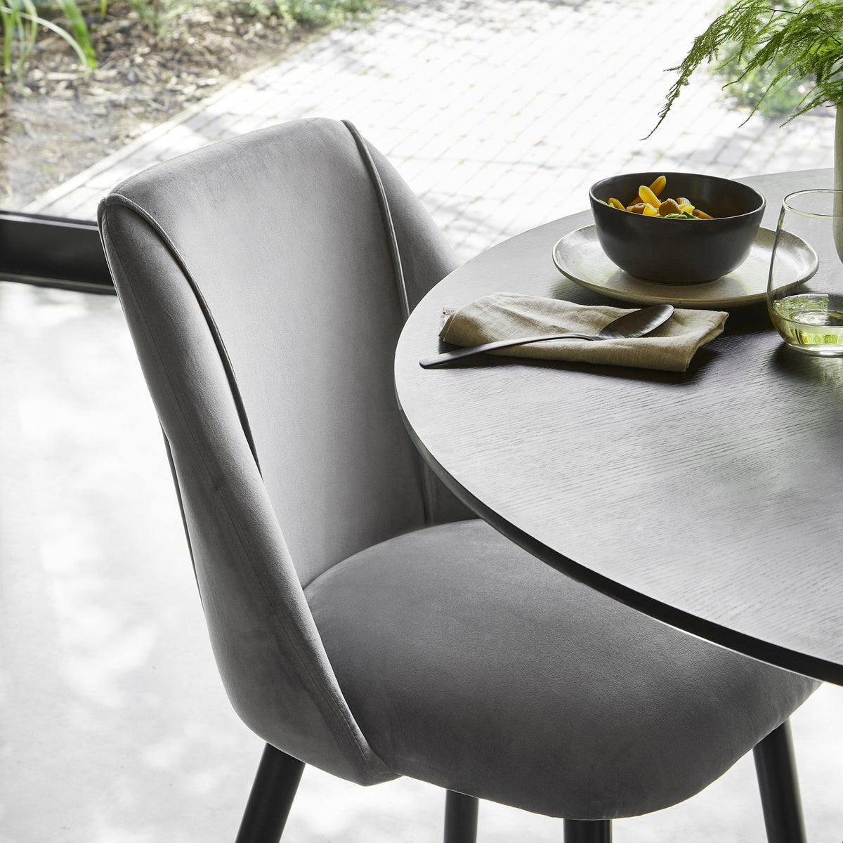 Willow Black Dining Table Set - 4 Seater - Freya Grey Dining Chairs - Black Oak Legs