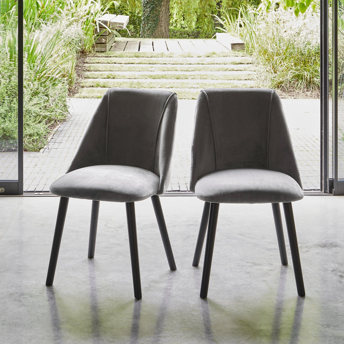 Willow Black Dining Table Set - 4 Seater - Freya Grey Dining Chairs - Black Oak Legs
