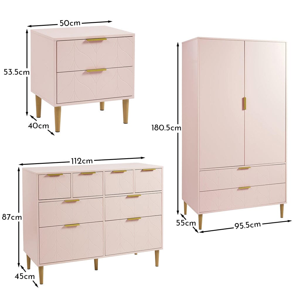 Gloria 3 Piece Bedroom Furniture Set - Blush Pink